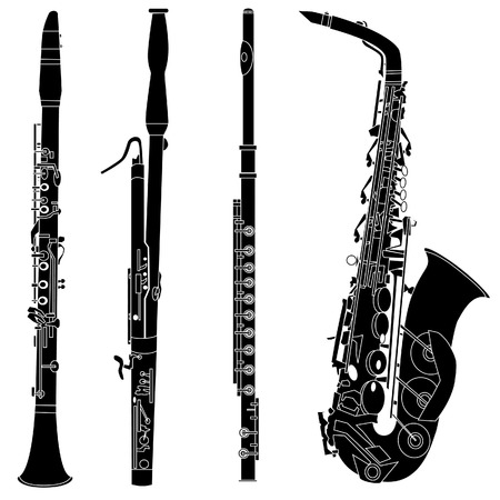 Woodwind musical instruments set in detailed vector silhouetteのイラスト素材