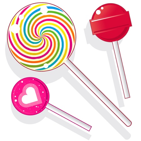 Lollipops and suckers. Vector candy set includes spherical lolly pops as well as round swirl pop.のイラスト素材