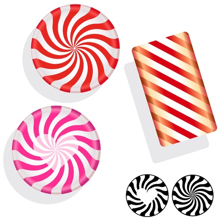 Round swirl candy. Vector set includes circle, bar, and silhouette mints, as well as Valentine's Day heart peppermints.のイラスト素材
