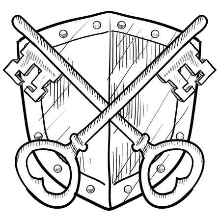 Doodle style antique security coat of arms or herald with shield and key illustrationのイラスト素材