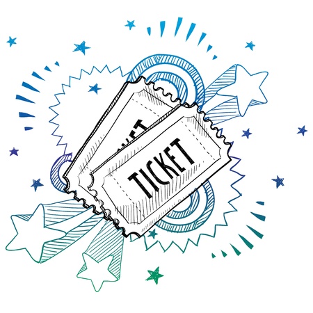 Doodle style movie or concert ticket illustration with retro 1970s pop backgroundのイラスト素材