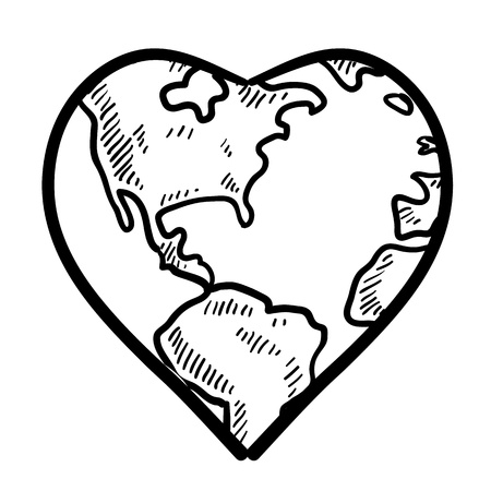Doodle style Valentine s Day romantic heart with world map wrapped around it in vector format のイラスト素材
