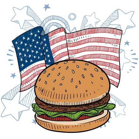 Doodle style hamburger and condiments color sketch in vector formatのイラスト素材