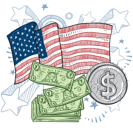 Doodle style coins and dollar bills with American flag color sketch in vector format のイラスト素材