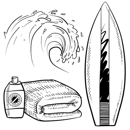 Doodle style surfing gear sketch in vector format  Set includes surfboard, suntan lotion and towel, and cresting wave  のイラスト素材