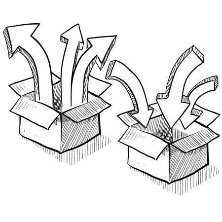 Doodle style packing, shipping, and distribution sketch in vector format showing boxes with unpacking and packing arrows  のイラスト素材