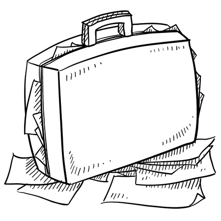 Doodle style office briefcase stuffed with papers sketch in vector format  のイラスト素材