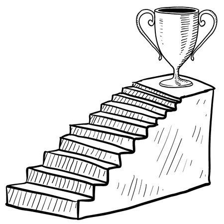 Doodle style sketch of a staircase to success including dais and trophy in illustrationのイラスト素材
