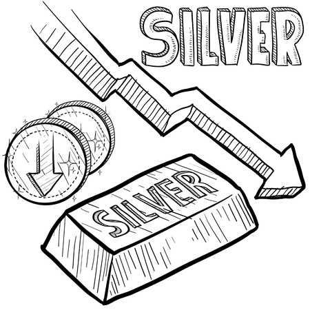 Doodle style Silver precious metal value symbol with down arrow indication lowering price or deflation  Vector file includes arrow, title, coin symbol with down arrow, and ingot with title  の写真素材
