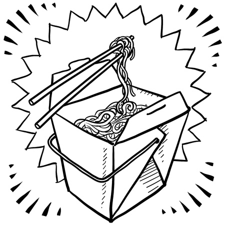 Doodle style Chinese food takeout boxes with chopsticks and noodles in format の写真素材