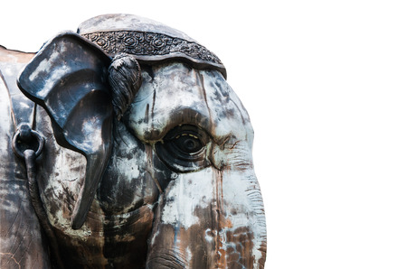 Close-up face and eyes of old war elephant statue,Isolated on white background.の写真素材