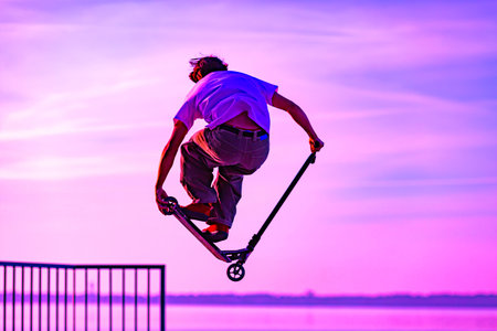 Unrecognizable teenage boy silhouette showing high jump tricks on scooter against orange sunsetwarm...