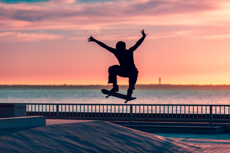 Unrecognizable teenage boy silhouette showing high jump tricks on scooter against orange sunsetwarm sky at skatepark. Sport, extreme, freestyle, outdoor activity conceptの写真素材