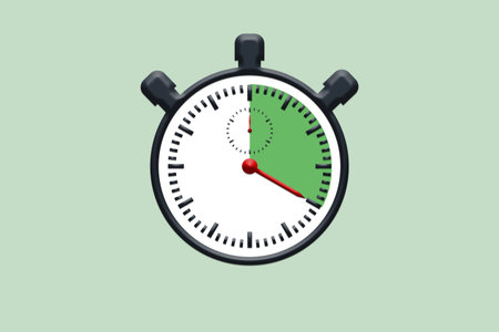 Stopwatch in minimal design on green background. Label Cooking time: 20 twenty Minutes Seconds