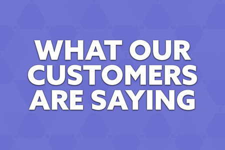 What our customers are saying. Phrase in white text, isolated on Blue background. Illustration