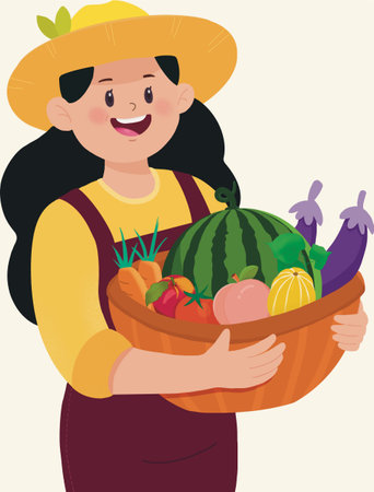 Woman holding a basket full of fresh fruits and vegetables. Vector illustration.のイラスト素材