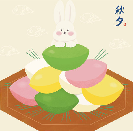 Harvest Moon Festival (Chuseok) card of the rabbit and half-moon-shaped rice cake. (Songpyeon)のイラスト素材