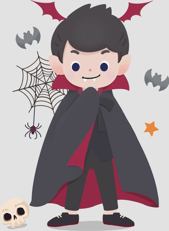 Cute boy in vampire costume with spider web and bats. Vector illustration.のイラスト素材