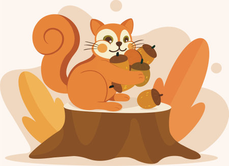 Cute squirrel sitting on the stump with acorns. Vector illustrationのイラスト素材
