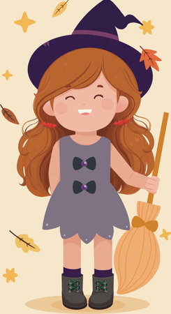 Cute little girl in witch costume with broom. Vector illustration.のイラスト素材
