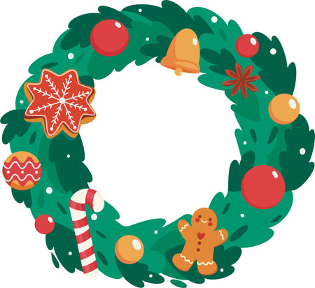 Christmas wreath with gingerbread cookies and candy canes. Vector illustration.のイラスト素材
