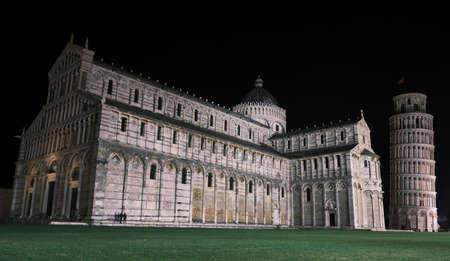 long exposure photography of the tower of Pisa and the Baptistery at night on the Dome Squareのeditorial素材