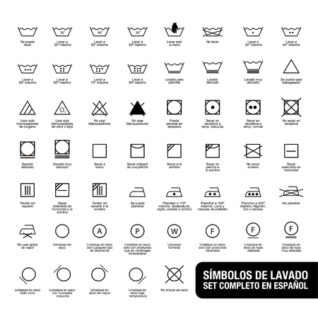 Icon set of laundry symbols, vector illustration print label cloth. Written in spanishのイラスト素材