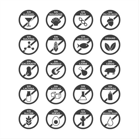 Allergen icon set. Vector illustration. Written in Spanish.のイラスト素材