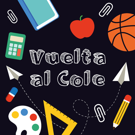 Back to School banner written in Spanish, vector illustration.のイラスト素材