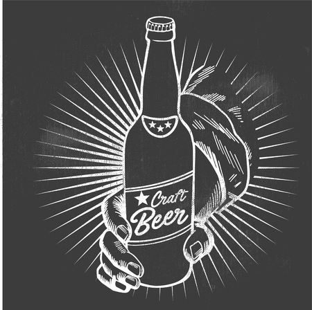 Craft beer. Bottle held by a hand. Hand-made drawing for menus, blackboards, posters and decoration of bars, clubs, pubs and restaurants.のイラスト素材