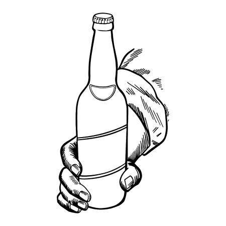 Craft beer. Bottle held by a hand. Hand-made drawing for menus, blackboards, posters and decoration of bars, clubs, pubs and restaurants.のイラスト素材