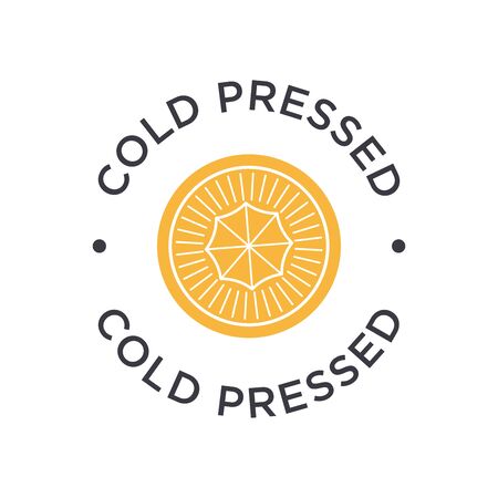 Cold pressed icon for labels of juices, oils and other products. Round and orange symbol.のイラスト素材