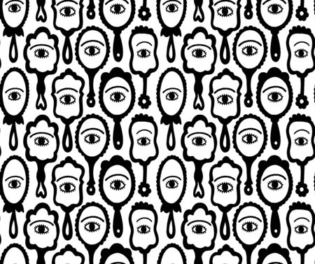 Hand drawn hand mirrors with eyes, seamless patternのイラスト素材