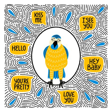Cute hand drawn parrot with love quotes and cool decorative hand drawn elements. Cartoon doodle style illustration for patches, stickers, T-shirtのイラスト素材