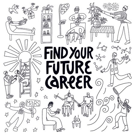 Nanotech Engineer, Solar Energy Technician, Wind Energy Technician, Civil or Commercial Drone Pilot or Dispatcher, Virtual Reality Designer, Brain Implant Specialist, Space Tourism Guide, Android Relationship Counselor. Hand drawn letteringのイラスト素材