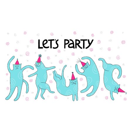 Happy birthday greeting card with cute dancing cats and hand drawn lettering. Lets party. Birthday party. Vector illustrationのイラスト素材