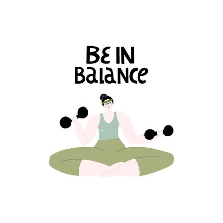 Be in balance. Fitness illustration of a strong woman working out with dumbbells.のイラスト素材