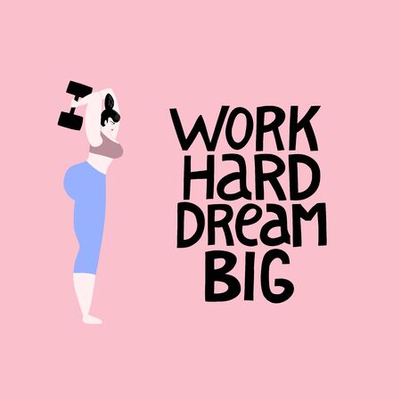 Work hard dream big. Fitness illustration of a strong woman working out with dumbbells.のイラスト素材