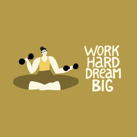 Work hard dream big. Fitness illustration of a strong woman working out with dumbbells.のイラスト素材
