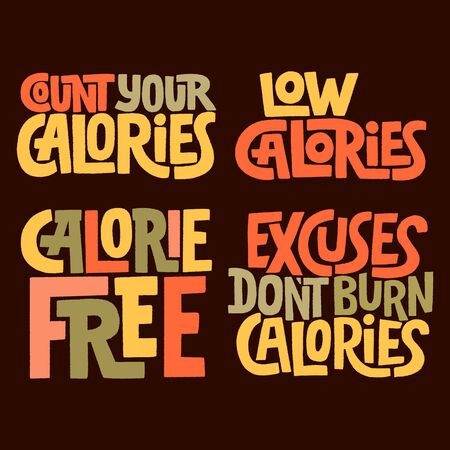 Hand drawn lettering quote. Calories set illustration. Set of funny and motivation quotes about clories, gym fat burning and exercising for social media, poster, card, banner, t-shirts, wall art, bagsのイラスト素材