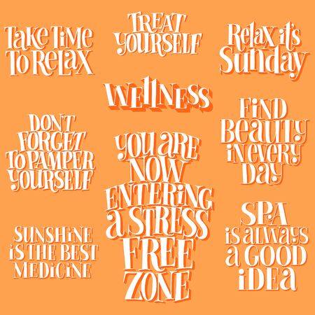 SPA set. Hand-drawn lettering quote for SPA, Wellness center, Wellbeing concept. Typography for merchandise, social media, magazines, interior, home decoration, posters, web design element.のイラスト素材