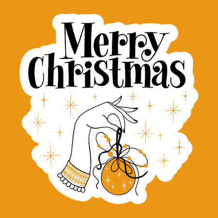 Merry Christmas hand lettering quote. Text for social media, print, postcard, posters, promotional gifts, landing pages, web design elements. Vector sticker template with lettering and illustration.のイラスト素材