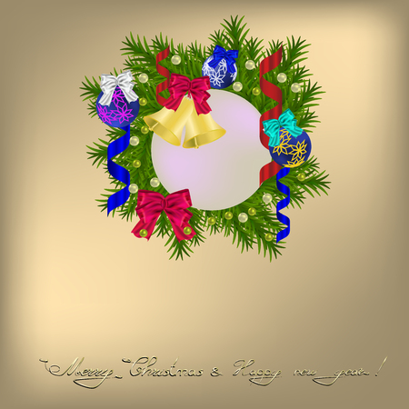 Cristmas greeting with wreath, jingle bells, balls and bowsのイラスト素材