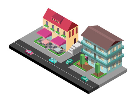 Vector isometric town, street, house and carsのイラスト素材