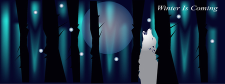 Dark blue banner for cover with night forest wolf and moonのイラスト素材