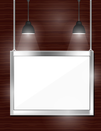 Empty white frames on wooden wall with spotlights. Vector illustration.のイラスト素材