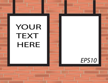 Empty black frames on red brick wall with spotlights. Vector illustration.のイラスト素材