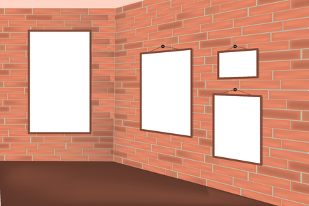 Vector trendy blank poster on the red brick wall realistic mockup. High quality design element.のイラスト素材