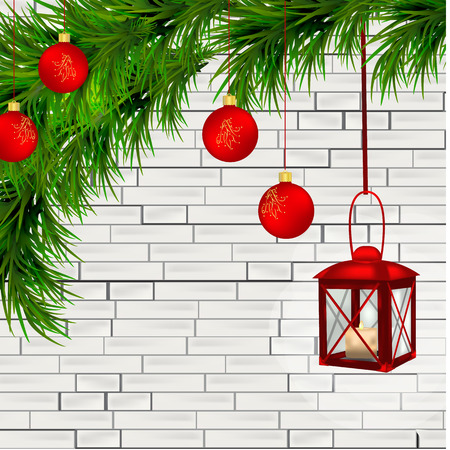 Red lantern with candle, Christmas tree branches, twigs, red Christmas balls and white brick  background.  Vector illustration.のイラスト素材