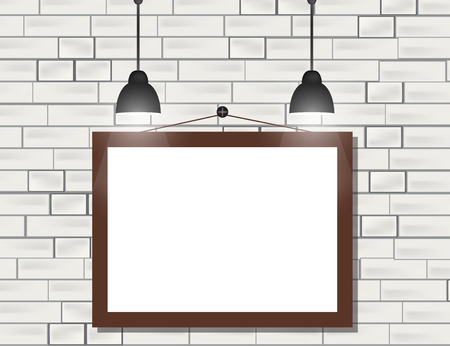 Empty black frames on white brick wall with spotlights. Vector illustration.のイラスト素材